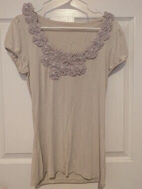 INC International Concepts Cream Short Sleeve Top with Floral Appliqués